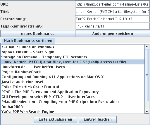Screenshot des Bookmarks-Plugins